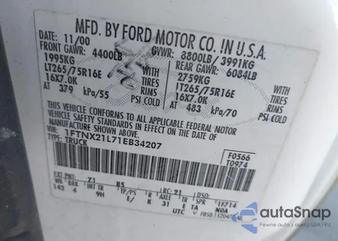 2001 Ford F-250 Lariat/Xl/Xlt из США, поврежденный, VIN 1FTNX21L71EB34207